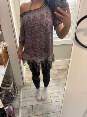 Vintage Free People Lavender Purple Fringe Off-Shoulder Oversized Knit Top